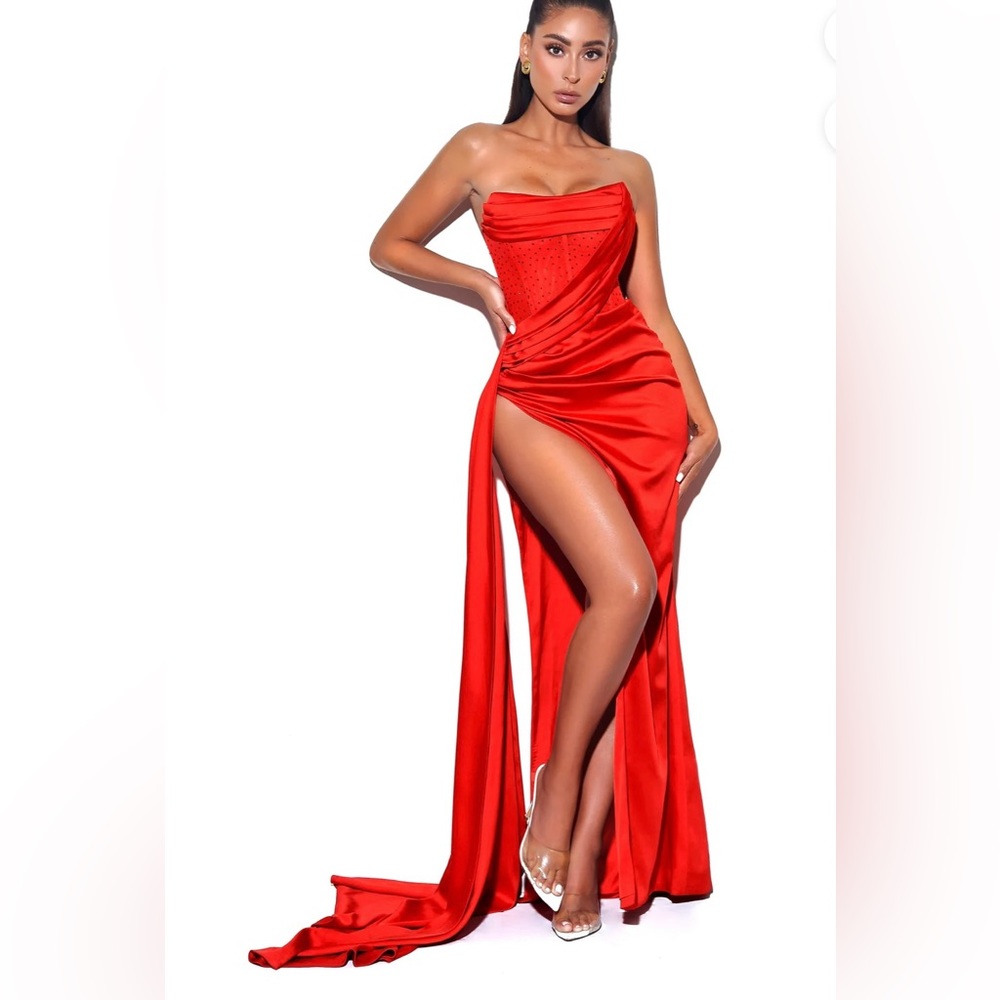 Holly Red Crystallized Corset High Slit Satin Gown